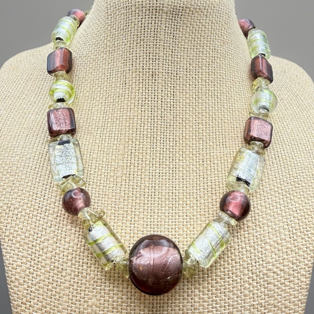 Art Glass Bead Necklace Plum Lime Green Foil Lined Screw Clasp Chunky Boho